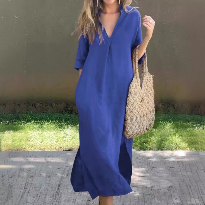 Vestido de lino casual con escote en V