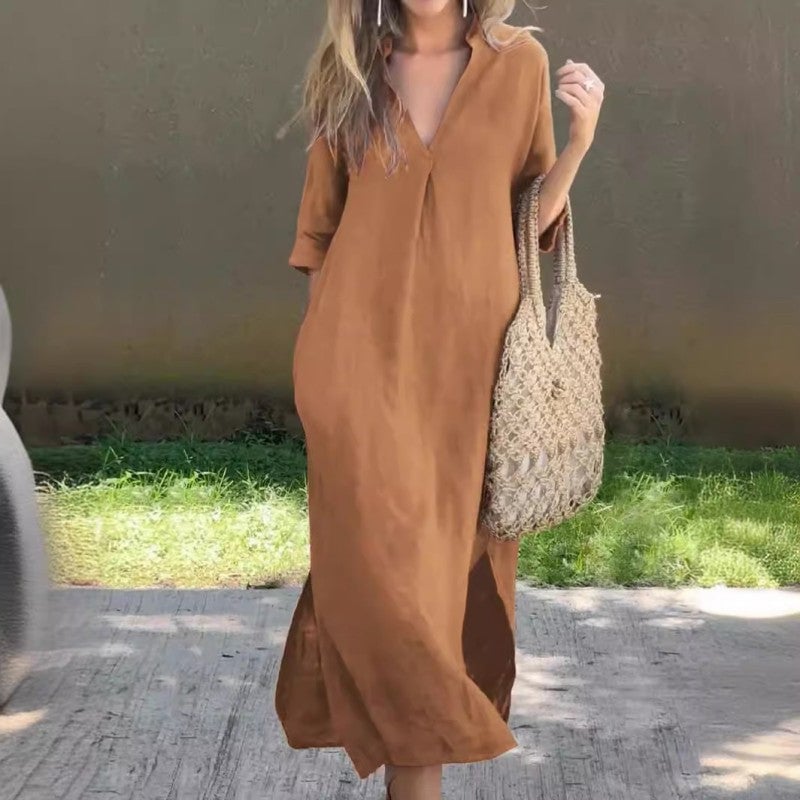 Vestido de lino casual con escote en V