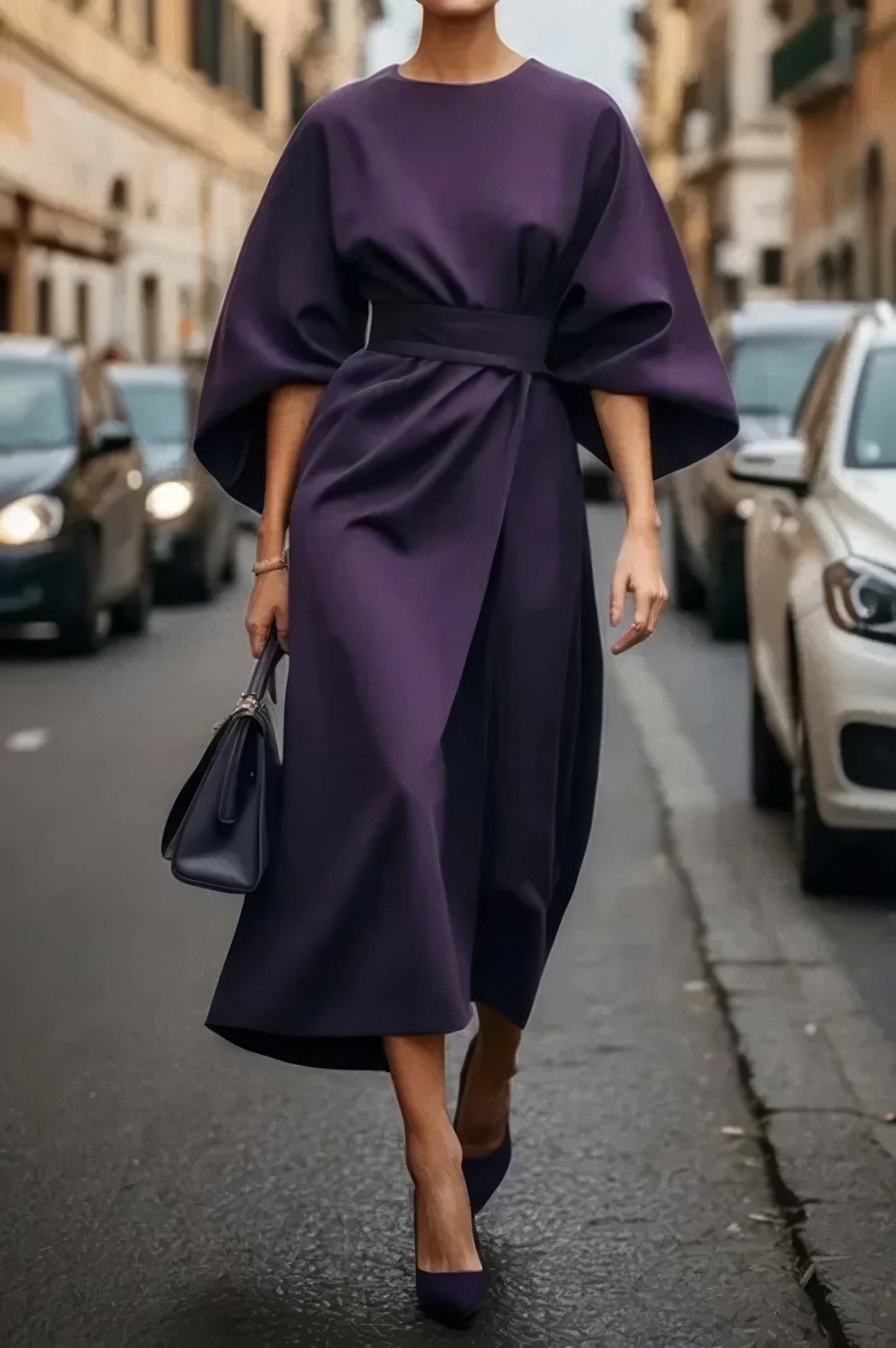 Violeta - Elegante Vestido Con Mangas Farol y Cinturón